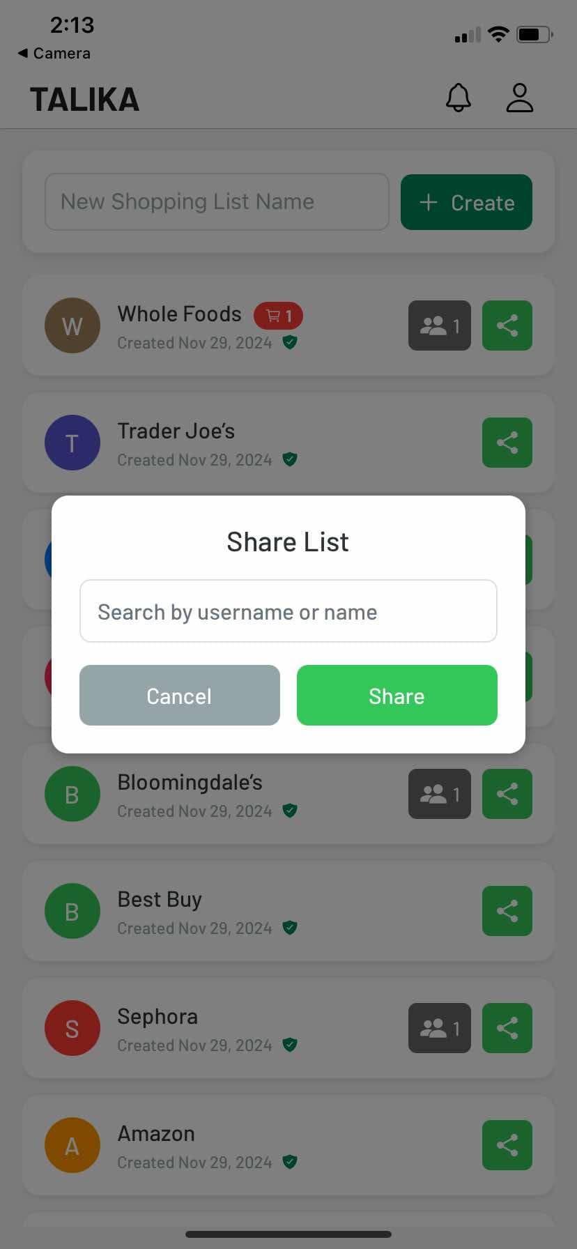 Talika list creation interface